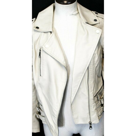 Ci Sono White Faux Vegan Leather Motorcycle Jacket Womens Small Pockets Quilted - Picture 4 of 11